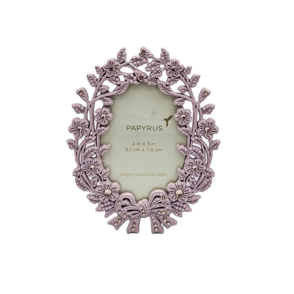 Papyrus Picture Frame 3x3 Oval Floral Vine Rhinestone Bow Pink Decorative NEW